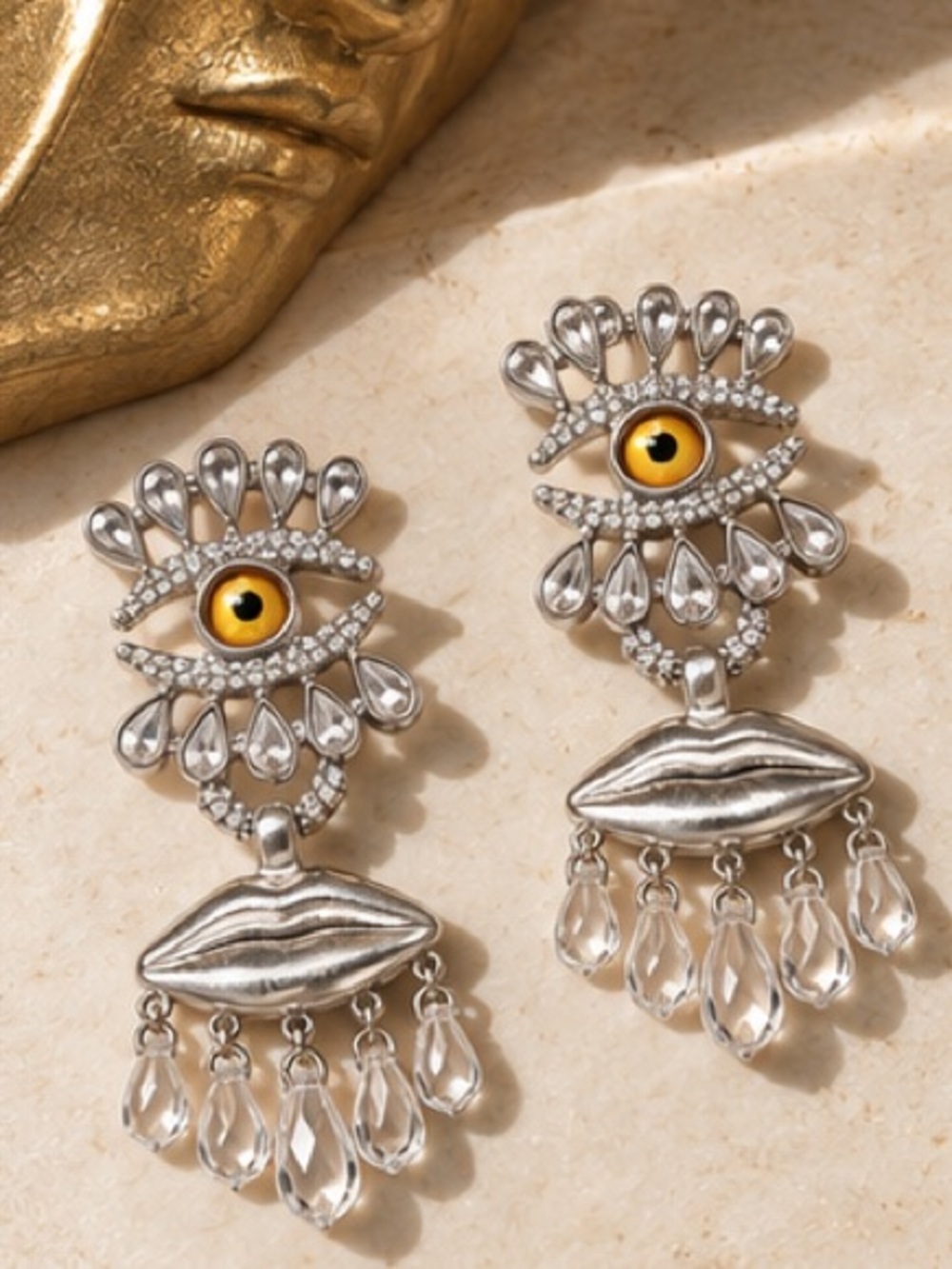 Surreal Eye Motif Crystal Earrings with Sculptural Lips - Picture 5 of 5